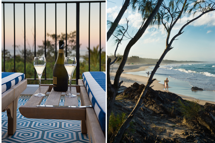 Prosecco on balcony at sunset, late surf