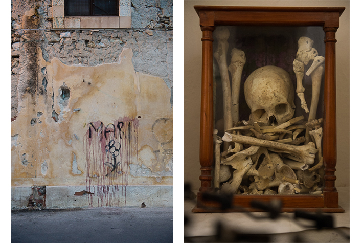 Graffiti, Ortigia, Sicily; relics, chapel, Monteverdi, Tuscany