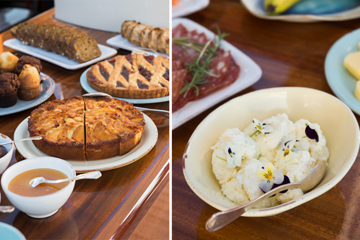 Pastries and cheeses for breakfast.