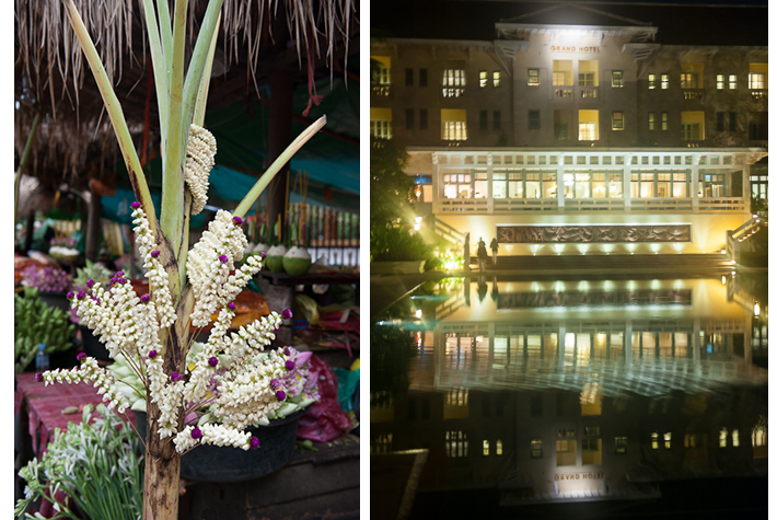 flowers outside temple, Grand Hotel D'Angkor after champagne