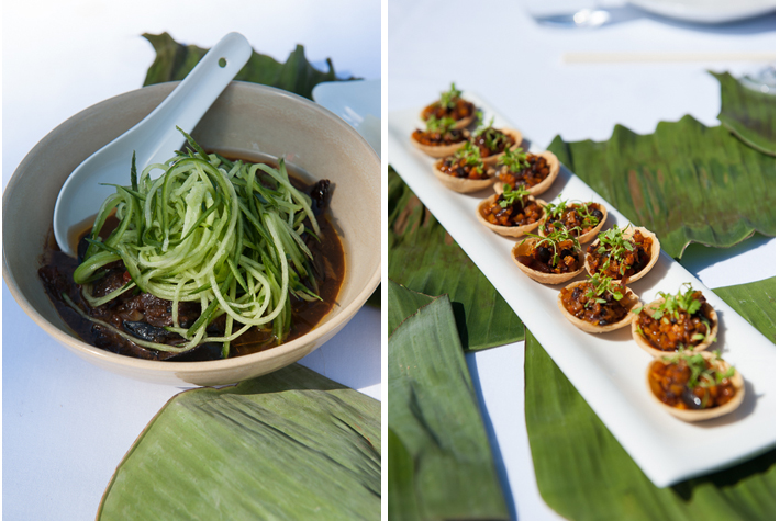 Sichuan eggplant with cucumber, mini tarts