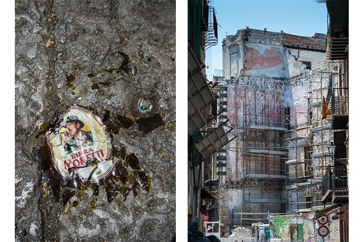 Smashed bottle, demolished building, Palermo, Italy