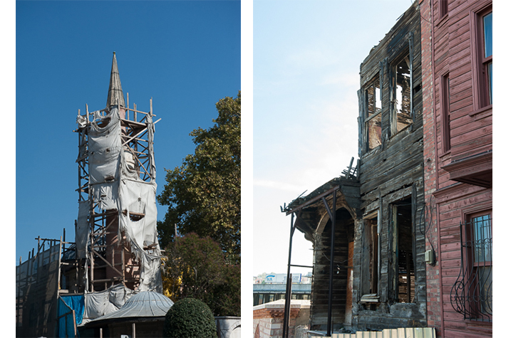 Spire under restoration; timber house, Istanbul, Turkey